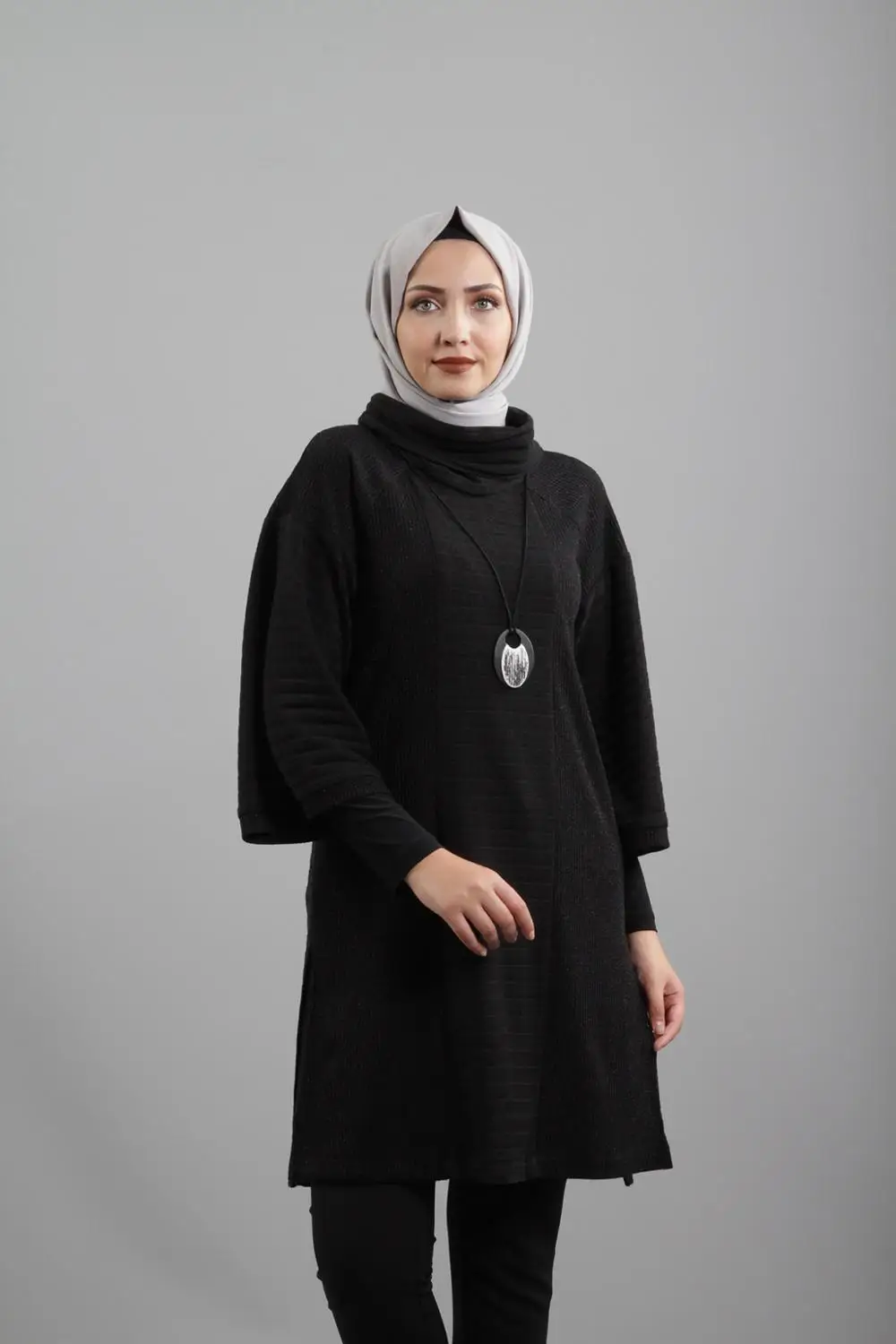 6590-ŞAL яка ÖRME İKİLİ TESETTÜR TAKIM-SİYAH-KEMAL AYDIN