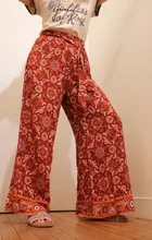 Casual Pants Trousers Totem Ethnic Flower-Print Orange Bohemian Wide Woman Elastic-Waist