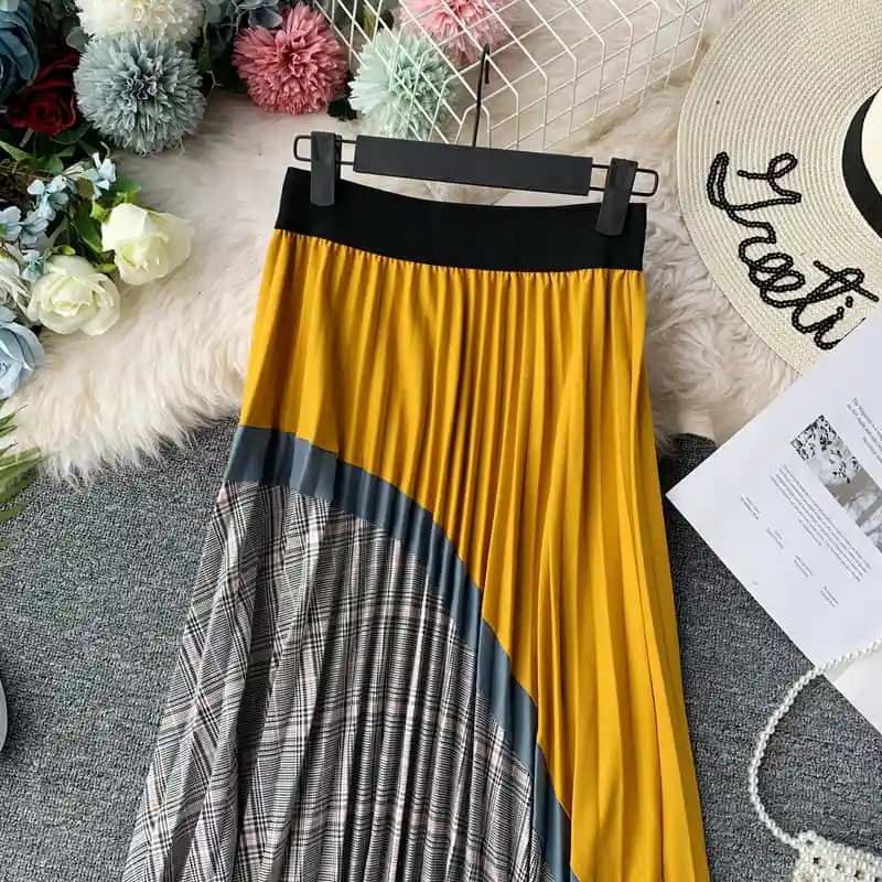 autumn Plaid High Waist Vintage Long Skirt Autumn Winter Bottoms Long Skirts A-line Patchwork Panelled Pleated Skirts