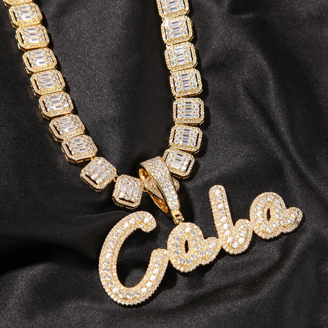THE BLING KING Custom Brush Script Letter Two Tone Pendant Micro Paved CZ Personalized Name Plate Necklace Hiphop Jewelry 5