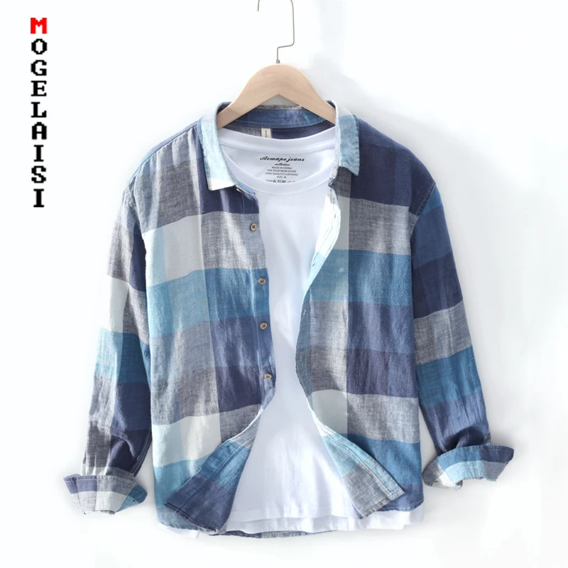 Camisa a la moda para hombre, camisas de algodón y lino a cuadros grandes, de manga larga, transpirables, cómodas, LZ-768