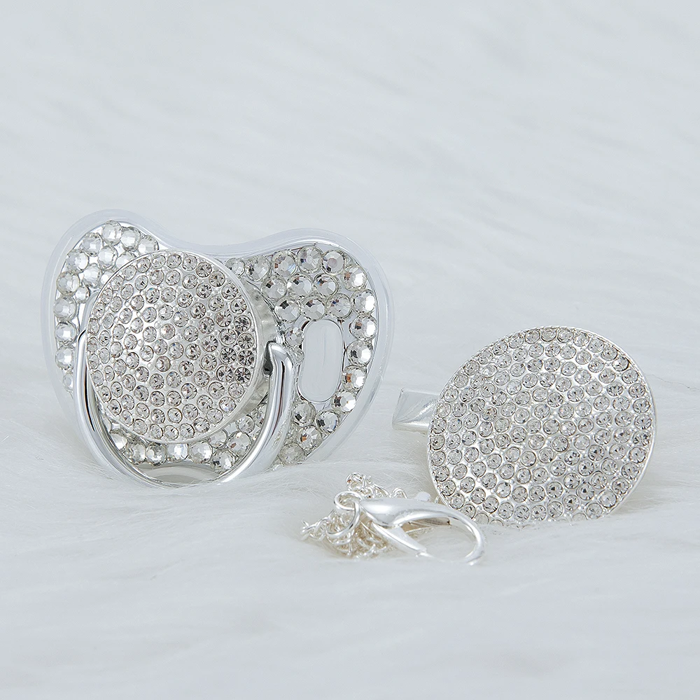 MIYOCAR SGS 올 실버 블링 젖꼭지 및 클립 BPA 프리 더미 럭셔리 유니크 디자인 젖꼭지, 수제 모조 다이아몬드 