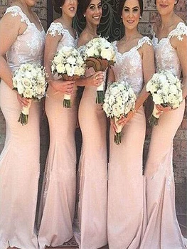 

2020 Latest Pink Lace Top Mermaid Maid of Honor Dresses Long Cap Sleeves V Neckline Bridesmaid Gowns Back Out