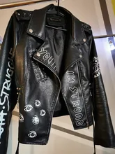 Coats Jackets Rivet Streetwear Print Faux Motorcycle White Winter Women Zipper Black