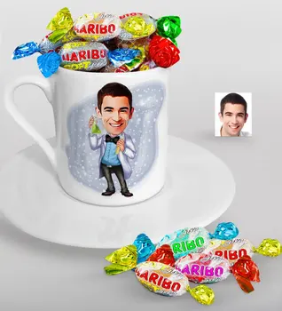 

Personalized Mr Chemist Caricature Of Turkish Coffee cup And Haribo Candy Gift Seti-2