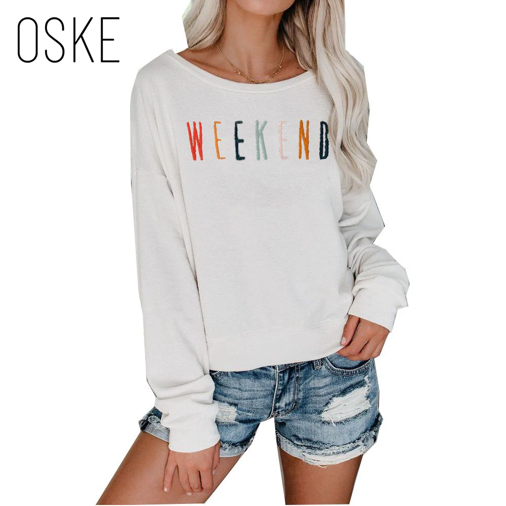 

OSKE Loose Base Women Sweatshirt Letter Print Pullover Round Neck Long Sleeve Sweatshirt Women Home Comfortable Pullover Fashion