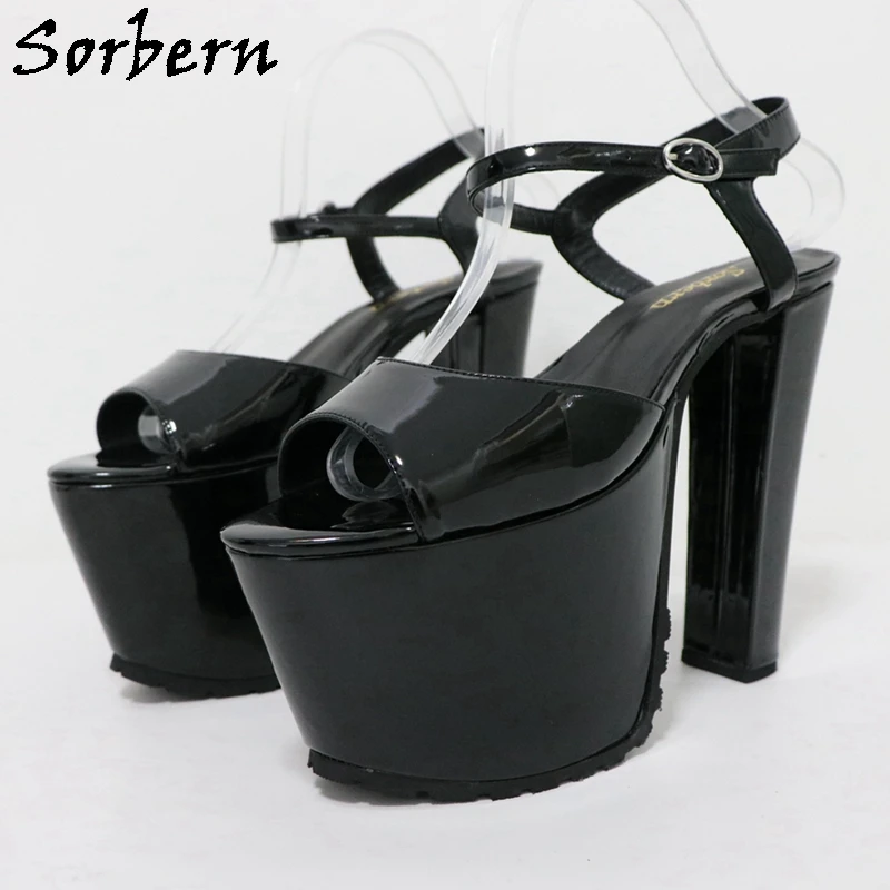 

Sorbern Black Shiny Sandals Women Unisex Style Slingback Open Toe Chunky Block High Heel 15Cm Thick Platform Drag Queen Heels