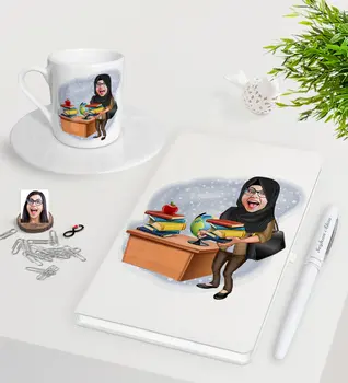 

Personalized Women 'S Teacher Caricature Of White Notebook Pen Turkish Coffee Cup Seti-8