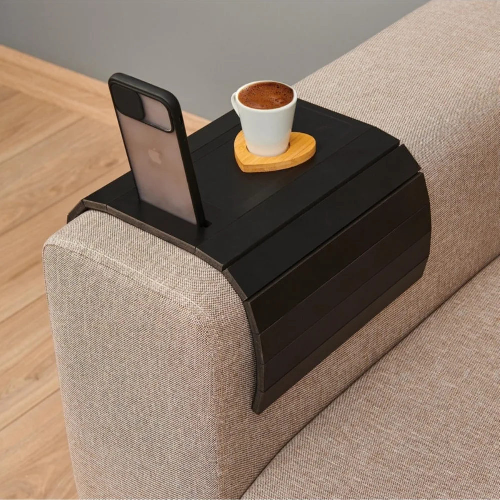 Wooden Side Table With Phone Stand Sofa Tray Mat 50x28 cm Placemat Center Leather Decorative Armrest  Non Slip Folding Design