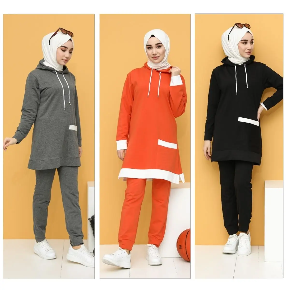 Chándal informal liso de temporada, ropa Hijab musulmana de manga larga con bolsillo y cremallera, sin forro, práctica, deportiva, elegante
