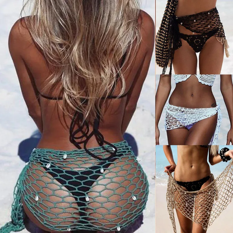 Пикантная Женская юбка с запахом ажурная пляжная одежда трикотажная накидка на