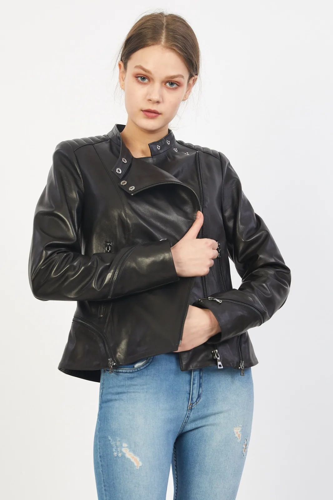Chaqueta de cuero con cremallera para mujer, abrigo ajustado, Nero|Chaquetas cuero| -