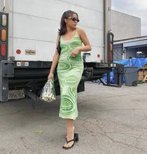 Vestido de punto verde con estampado de Cachemira para mujer, vestido Sexy ajustado sin mangas con tirantes finos, para fiesta en la playa, por debajo de la rodilla, Y2K, 2021