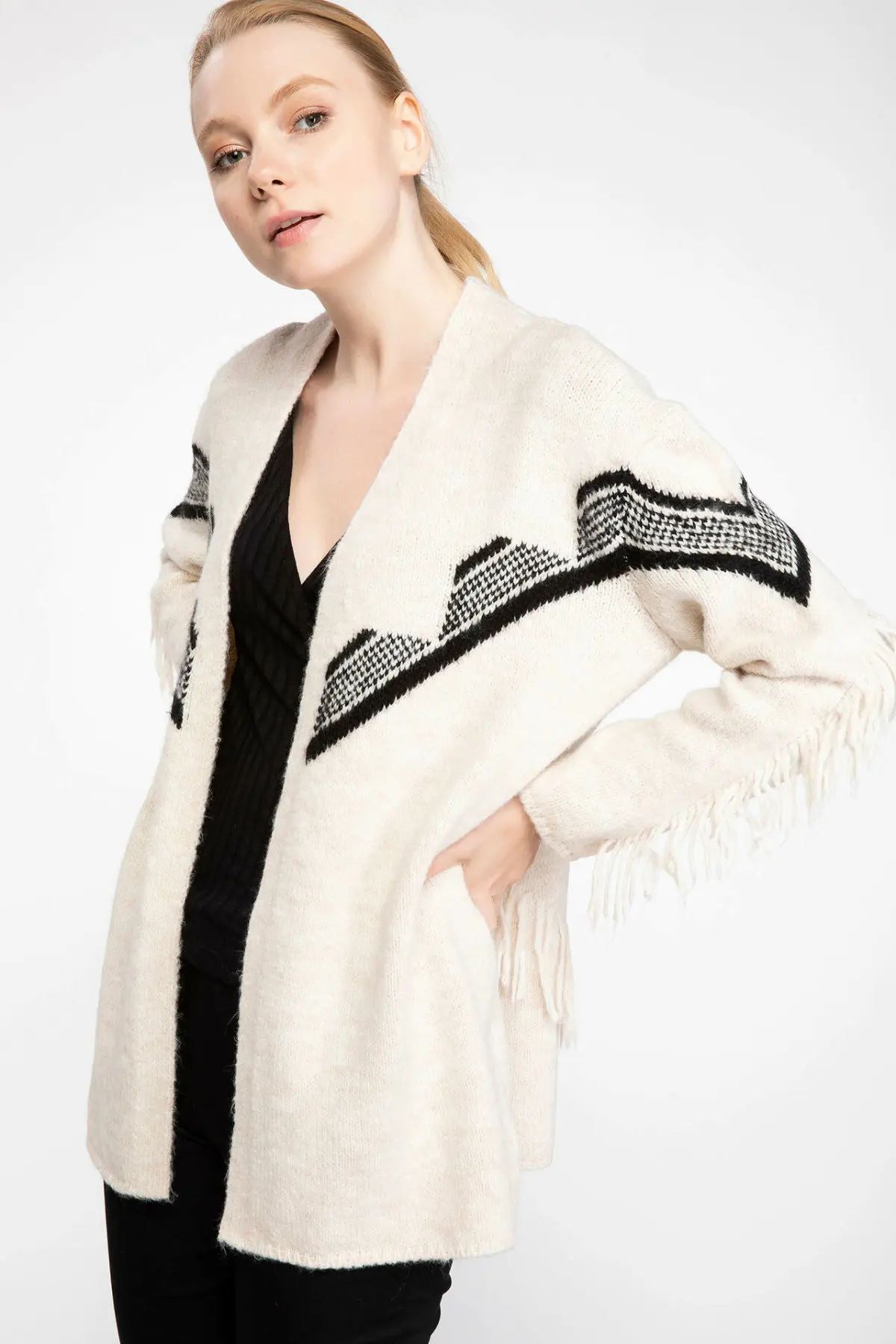DeFacto New Fashion Woman V-neck Casual Striped Cardigan Loose Thicken Female Simple Sweater Coat Lady Autumn - I5081AZ18AU | Женская