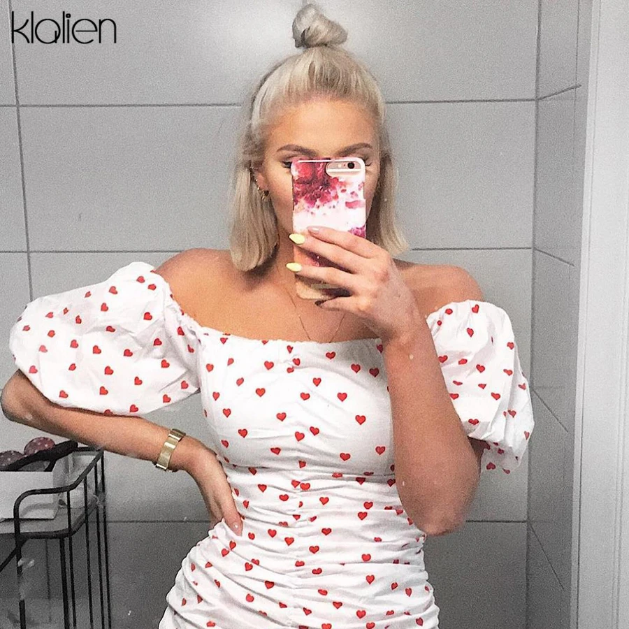 KLALIEN Sexy Off Shoulder Short Sleeve Heart Print Dress Tight Style Short Party Wrinkled Dress 2018 New Summer Sweet girl Dress