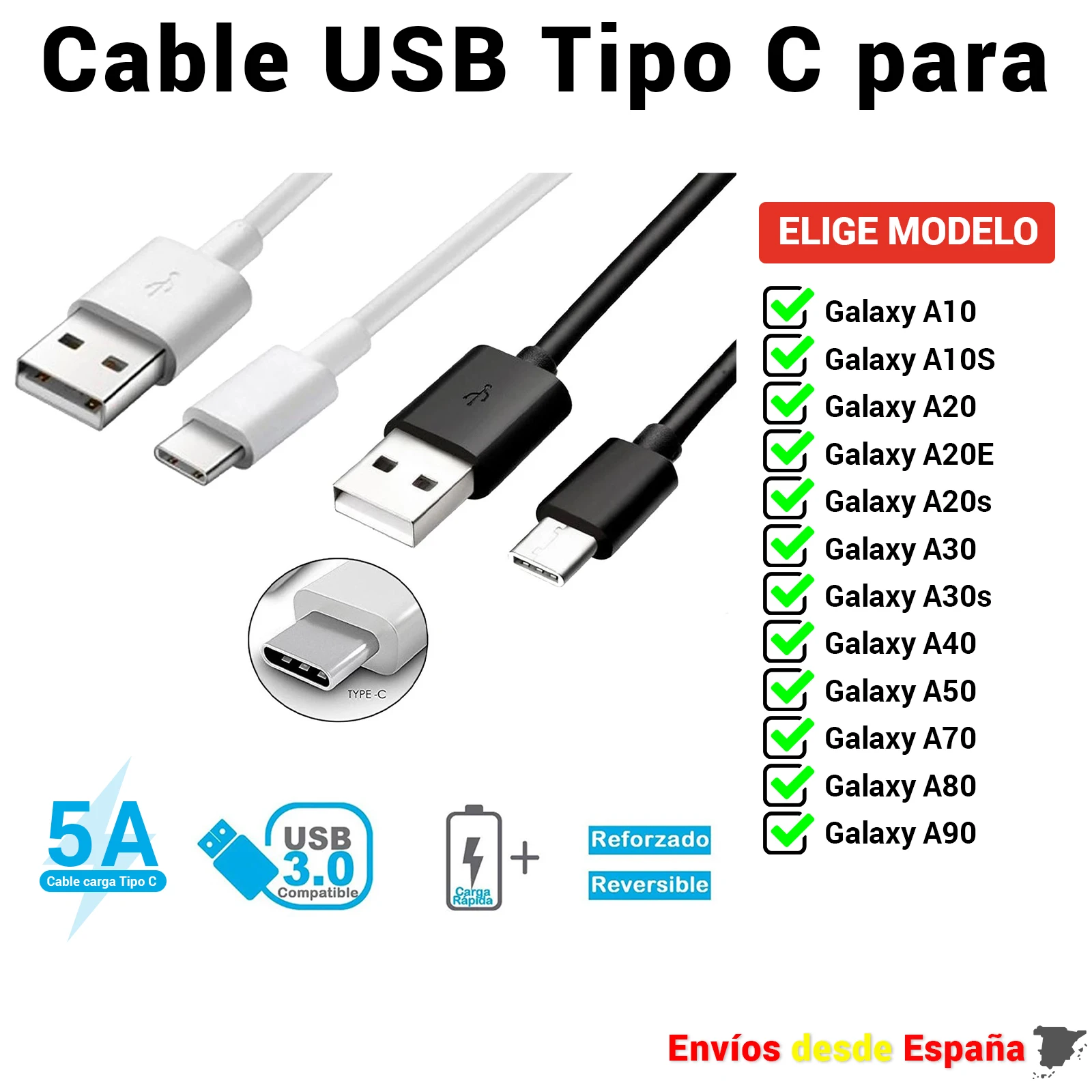 USB Type-C Cable for Samsung Galaxy A10 A10S A20 A20E A20s A30 fast charging and mobile data 1 meter 2 meters | Мобильные телефоны