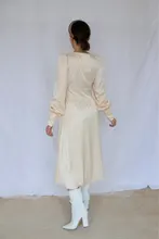 A-Line Dress V-Neck Spring Bishop-Sleeve Satin Simplee Chic Elegant Vintage High-Waist