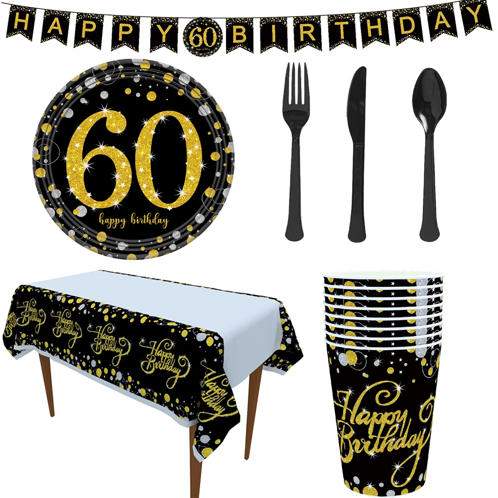 60th Birthday Disposable Tableware Set Black Gold Plates Cup Banner Tissue for Adult 60 Years Party Decoration Supplies |