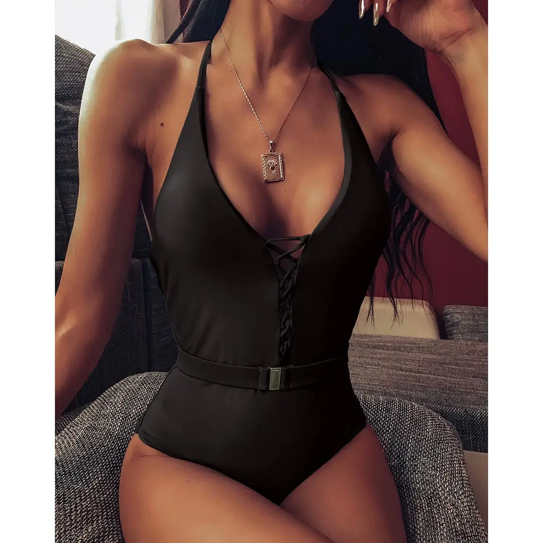 7 Colors Sexy Halter V Neck Lace Up Women Swimwear One Piece Swimsuit Female Bather Bathing Suit Swim Lady With Belt V1762