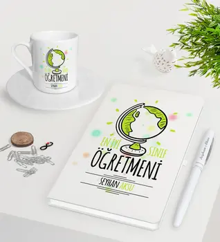 

Personalized Best Grade Teacher White Notebook Pen Turkish coffee Cup Seti-3