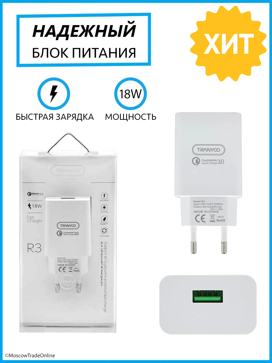 USB адаптер питания для Айфон и Андроид 18W / быстрая зарядка блок Apple iPhone Android СЗУ |