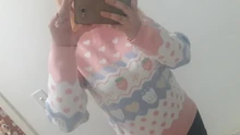 Suéter de punto Kawaii japonés para mujer, jersey de manga larga con estampado de fresa, Top de punto Rosa Vintage para Otoño e Invierno