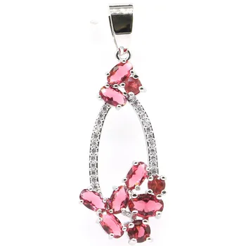 

41x15mm Elegant Created Pink Raspberry Rhodolite Garnet White CZ Gift For Sister Silver Pendant