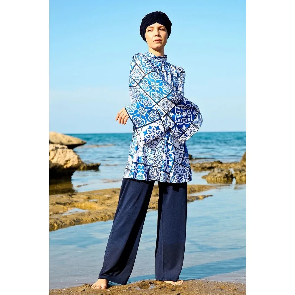 

Marina Fully Covered Swimsuit 1950 - Navy Blue Muslim Swimwear Turban Swimsuit