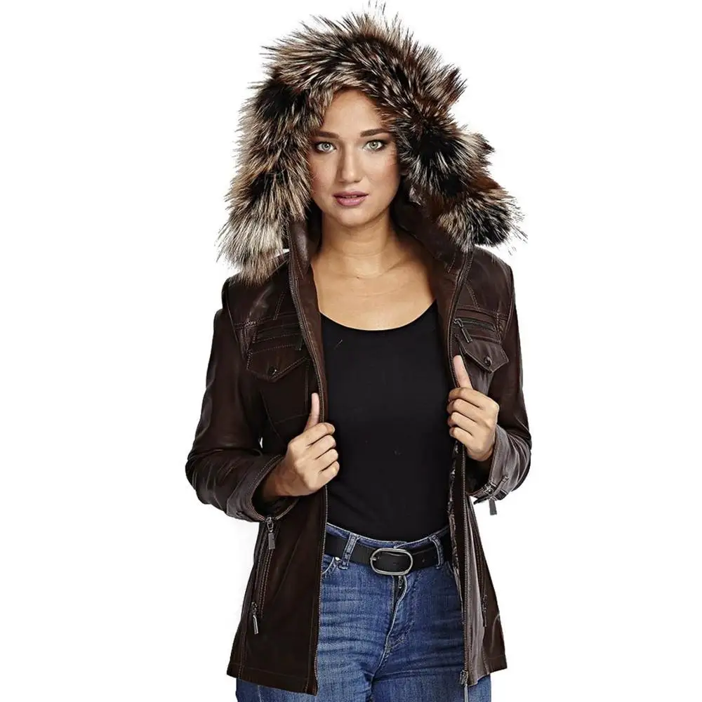 Genuine Sheep Leather Jacket for Women brown-Color Hooded Long Leather Jacket Classic Leather Goods from Turkey