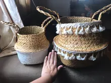 Potted Baskets Vase Hanging Handle Plant Garden-Flower Seagrass Woven Wicker Foldable