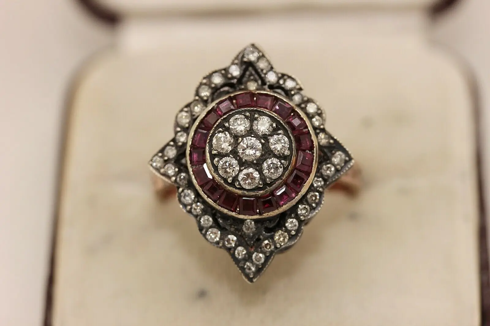 

ANTIQUE STYLE MY DESIGN NAVETTE 8K GOLD NATURAL DIAMOND AND RUBY RING
