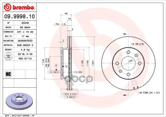 Диск Тормозной Brembo арт. 09.9998.10