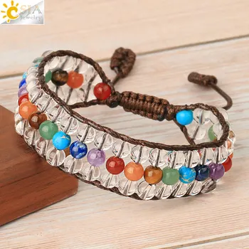 

CSJA 7 Chakra Beaded Bracelet Clear Quartz Natural Gem Stone Enthnic String Bracelet Handade Jewelry Energy Healing Armband G441