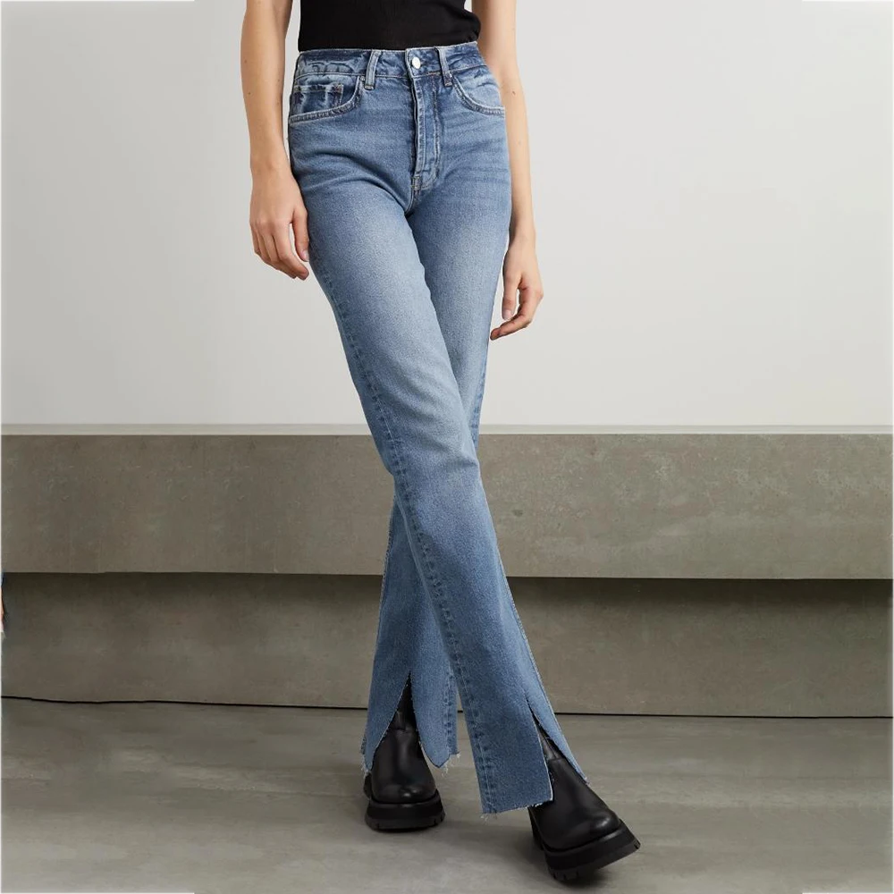 amiri jeans Rowling Mirror Solid Buttons Woman Jeans High Waist Pocket Vintage Distressed Trousers Casual Classic Slit Flare Pants 2022 plus size clothing