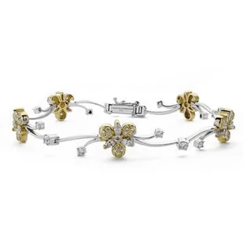 

18k gold bracelet two-color 20cm. 10mm. Flowers zircons [AB4810]