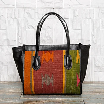 

Fast Shipping Customized Elegant Kilim Canvas Sleek Colorful Black Leather Straps Tote Casual Shopping Cross Body Shoulder Bag