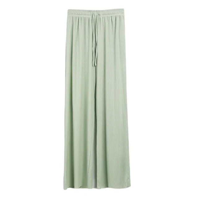 Spring and Autumn New Ladies Ice Silk Light Wide Leg Trousers Girl Solid Color High Waist Loose Wild Straight Casual Pants LightGreen