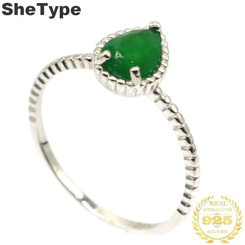 

10x8mm SheType 2019 Simple Style 1.9g Real Green Emerald Drop Shape Gift For Girls 925 Solid Sterling Silver Rings