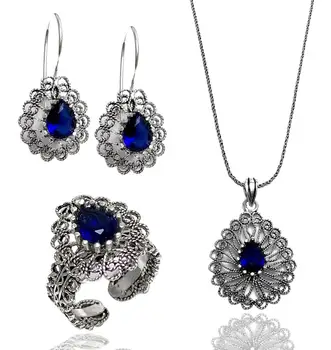 

Blue Stone Filigree Silver Ladies Triple Suit Set Ottoman Hürrem Sultan Jewelry Set Authentic