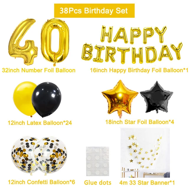 Globos de feliz cumpleaños número 40, decoraciones de fiesta de cumpleaños  de 40 años para adultos