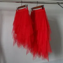 Tulle Skirts Mesh Pleated Irregular Sexy High-Waist Womens New-Fashion for Elastic Red