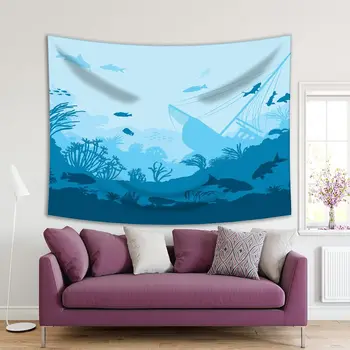 

Tapestry Undersea World Coral Reef and Sea Creatures Silhouette Wild Nature Illustration Blue