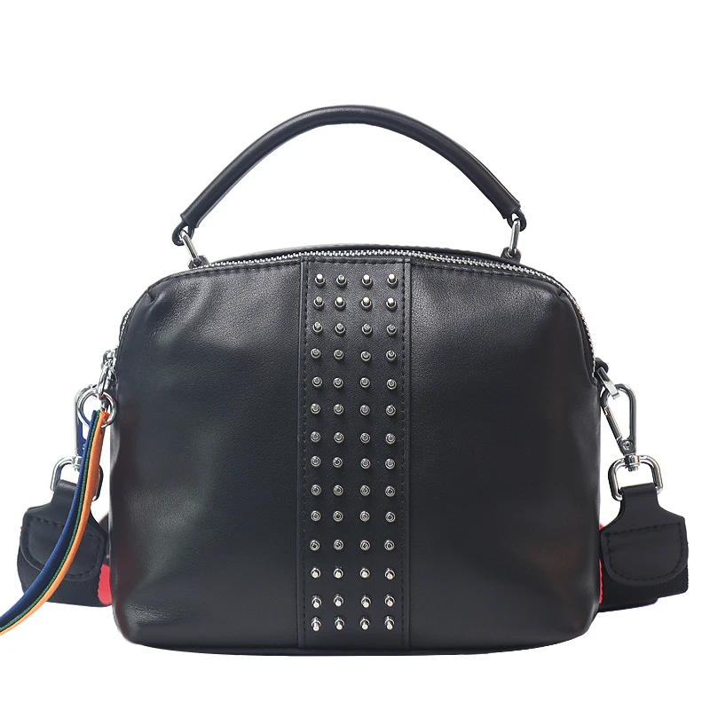 

Women Rivet Tote Bag Designer Ladies Crossbody Bag Soft Genuine Leather Shoulder Bag Black with Colorful Decoration