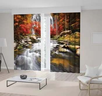 

Curtain Waterfall Forest in Maple Trees Foliage Autumn Color Stones River Landscape Scenery Orange Red Green