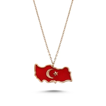 

Silver 925 Sterling Enamel Turkey Map & Moon Star Necklace