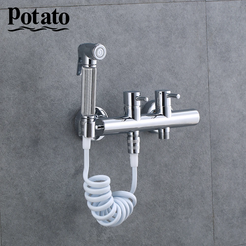 

two handle Cold & Cold hot Water Corner Valve Bidet faucets Function shower square Hand Shower Head Tap Crane p0047-1