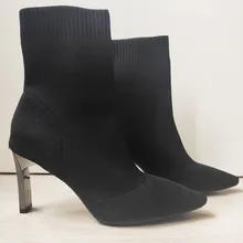 Aphixta-Botas de tacón de hoja de Metal para mujer, Botines de tacón de aguja, de tela elástica, puntiagudas