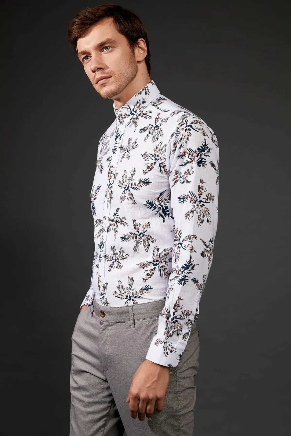 Дефакто мужские повседневные рубашки с длинным рукавом с принтом, мужские рубашки с модным воротником с отворотом, новинка-L6049AZ19AU