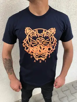 

Black Over Orange Embroidered Tiger Pattern T-Shirt Young Men's Casual T-Shirt Navy Blue Color Option End of Season Products