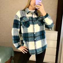 Plaid Shirt Blouses Oversize-Top Chic Fashion Women Woolen ZXQJ Female Casual Ladies